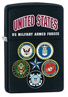 Zippo U.S. Military Armed Forces Black Matte Outdoor Indoor Windproof Lighter Custom Personalized Engraved Message on Backside