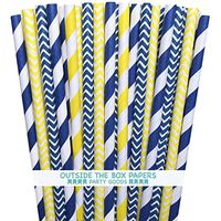 Outside the Box Papers Yellow and Navy Blue Chevron and Stripe Paper Straws 7.75 Inches- 100 Navy Blue, Yellow