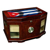 Large Premium Desktop Humidor - Glass Top - Flag of Cuba (Cuban) - Waves Design - 300 Cigar Capacity - Cedar Lined with Two humidifiers & Large Front Mounted Hygrometer.