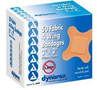 Adhesive Bandage, Fabric 3" x 3", 4 Wing, St, Box/50