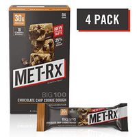 MET-Rx Big 100 Colossal Protein Bars, Great as Healthy Meal Replacement, Snack, and Help Support Energy, Gluten Free, Chocolate Chip Cookie Dough, 100 g, 4 Count (Packaging May Vary)
