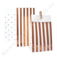Illume Partyware Rose Gold, Stripes and Spots Treat Bag, 10 Count, Sturdy, Height 19.5cm x Length 10cm x Depth 5.5cm for Birthday Party, Kids Party, Baby Shower and Princess Party