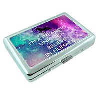Unicorn Believe Humans Em1 Hip Silver Cigarette Case Id Holder Metal Wallet 4" X 2.75" RFID Protection