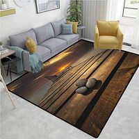 Ocean Solid Carpet, Black Sea At Dusk Sunrise Tranquil Scene Coastline with Wooden Pier Picture, Durable Carpet Area rug - Living Dinning Room Bedroom Rugs and Carpets(2.5'x 9') Brown Yellow Grey