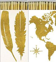 Decorative Gold Foil Feather and Continents Match Boxes with Long Kitchen Matches Great for Lighting Candles, Grills, Fireplaces and More | Set of 2 Large Match Boxes