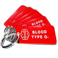 My Identity Doctor - 6 Pre-Engraved Blood Type O- Plastic Medical Alert ID Keychains, Small 2.25 x .79 Inch