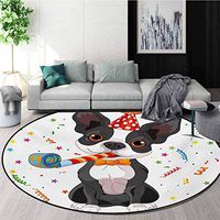 RUGSMAT Kids Birthday Modern Washable Round Bath Mat,Black and White Boston Terrier Dog with Colorful Party Celebration Backdrop Non-Slip Bathroom Soft Floor Mat Home Decor,Round-55 Inch