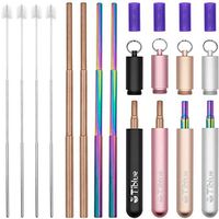 Reusable Collapsible Straws 4 PCS Portable Drinking Straw 9.25'' Telescopic Keychain Stainless Steel Metal Straws to Drink Water Smoothie with Cleaning Brush & Case - Perfect Mother's Gift for Family