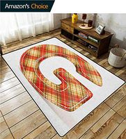Letter G Personalized Area Rug Hallway Runner, Uppercase G Character Old Fashioned Checkered Plaid Classical Pattern, Fashionable High Class Living Dinning Room(2'x 3') Vermilion Pale Yellow