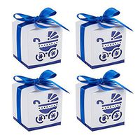 BENECREAT 50 Sets Candy Gift Boxes 2.4"x2.4"x2.4" Laser Cut Baptism Favor Boxes with Ribbon for Baby Shower Baptism Decorations Birthday Party Event, Blue