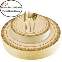 Tiger Chef Plastic Dinnerware 600 Piece Set Service For 120 Guests Includes 120 10.75-inch Dinner Plates 120 7-inch Salad Plates 120 Cutlery Sets Forks, Spoons, And Knives Disposable BPA Free