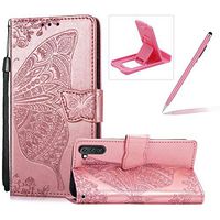 Strap Leather Case for Samsung Galaxy Note 10,Wallet Cover for Samsung Galaxy Note 10,Herzzer Classic 3D Rose Gold Butterfly Flower Print Relief Magnetic Stand Case with Soft TPU