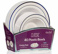 Laura Stein Designer Dinnerware Set | 80 Disposable Plastic Party Bowls | White Wedding Bowl with Blue Rim | Set Includes 40 x 12 oz Soup Bowls + 40 x 5 oz Dessert Bowls | Classic Series