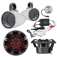Marine Speaker Package With Amp: 2x Kicker 41KM84LCW 8" Coaxial Boat LED Light Speaker Bundle Combo With 2x Kicker 8" Inch White Wakeboard Tower Enclosures + 600 Watt Bluetooth 2-Channel Amplifier