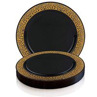 Elegant Disposable Plastic Dinner Plates 120 Pcs - 10.25" Heavy Duty Fancy Black with Gold Lace Rim Dinner Plates - Bulk Reusable Party Supplies For Wedding Reception, Easter, Birthday & All Occasions