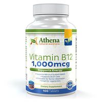 Athena - Vitamin B12 1,000mcg Chewable Tablets Supplement - Methylcobalamin - Cherry Flavor - High Potency- Suitable for Vegetarians - 100 Tablets