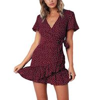 Plus Size Dresses,Women Summer Dot Floral Flare V Neck Bow Ruffles Bohe Party Short Mini Dress Red