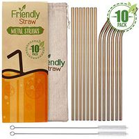 Friendly Straw 10 Pack 10.5" x .25" Reusable Metal Straws, 5 Straight 5 Elbow Stainless Steel Drinking Straws With Free Brushes and Pouch (Bronze Finish)