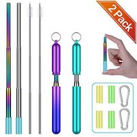 Metal Straws Reusable - Collapsible Travel Portable Stainless Steel Drinking Telescopic Straw with Case & Cleaning Brushes & Keychain, 2 Pack Purple Pink/Turquoise