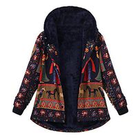 HNTDG Women Winter Warm Sherpa Loose Cotton Printed Jacket Coat with Pockets Thicker Hasp Hooded Coat Outwear
