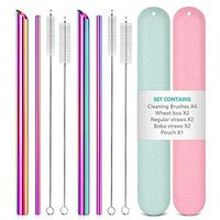 Reusable Metal Stainless Steel Straws: 2 Regular Metal Straws + 2 Metal Boba Straws + 2 Wheat Cases + 4 Cleaning Brushes + 1 Pouch, for Hot and Cold Drinks, Portable for Personal Use, Rainbow