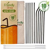 Friendly Straw 10 Pack 10.5" x .25" Reusable Metal Straws, 5 Straight 5 Elbow Stainless Steel Drinking Straws With Free Brushes and Pouch (Black Finish)