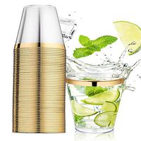 JK Deluxe Gold Rim Fancy Disposable Cups | 9 oz Plastic Wine Glasses for Parties, Fiestas, Weddings, New Year, Birthday, Engagement & Bridal Shower | Shatterproof & Transparent Elegant Cups | 100 Pcs