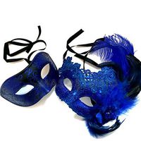 MasqStudio Couples Blue Masquerade Lace Mask Pair Feather Birthday Mardi Gras Carnival Party (Pair for 2 Masks) (Pair for 2 Masks)