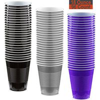 18 oz Party Cups, 96 Count - Black, Silver, Purple - 32 Each Color