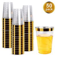 BGLROSOO 12 Oz 50pcs Elegant Gold Rimmed Clear Plastic Cups, Disposable Plastic Wedding Party Drink Cups