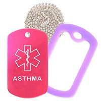 Asthma Medical Alert ID Necklace with Pink Hot Tag, Purple Silencer, and 30'' USA Chain - 154 Color Choices