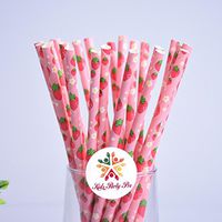 Free Shipping 100 pcs Red Strawberry Paper Straws, Fun Cute Picnic Fruit Print Patterned Beverage Floral Light Pink Party Paper Drinking Straws Bulk, Birthday Wedding Colored Cake Pop Sticks