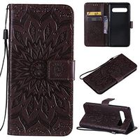 Cfrau Kickstand Wallet Case with Black Stylus for Samsung Galaxy S10 5G,Retro Mandala Sunflower PU Leather Magnetic Flip Folio Stand Soft Silicone Card Slots Case with Wrist Strap - Brown