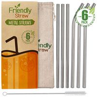 Friendly Straw 6 Pack 10.5" x .4" Reusable Metal Straws For Smoothies, 3 Straight 3 Elbow Stainless Steel Smoothie Free Straws With Brushes and Pouch