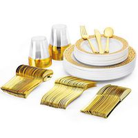 Glotoch 150 Pcs Gold Plastic Plates with Disposable Plastic Goldware, Hammered Design Plastic Dinnerware set include 25 Dinner Plates, 25 Dessert Plates, 25 Forks, 25 Knives, 25 Spoons, 25 Tumbler