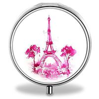 Eiffel Tower Pill Case, Round Stainless Drug Organizer Container Medicine Cover for Pocket Daily&Weekly