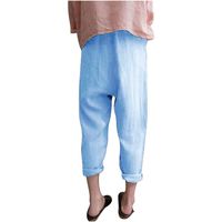 Sagton yoga Pants For Women Capri length Elastic Casual Plus Size Cotton Linen Blend Pants Light blue,S