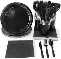 Black Party Supplies - 24-Set Paper Tableware - Disposable Dinnerware Set for 24 Guests, Including Knives, Forks, Spoons, Paper Plates, Napkins and Cups, Black