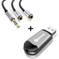 MOKFON Headphone Y Splitter + USB Sound Adapter PC Headset Extension Cable + Stereo Sound Card Support Windows,Mac,Linux,etc.Plug and Play for PS4,Tablet, Laptop,Phone and More(Black and Grey)