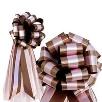 Rose Petal Pink & Brown Striped Wedding Pew Pull Bows with Long Tulle Tails - 9" Wide, Set of 6, Wedding Pew Bows, Aisle Decor, Reception, Anniversary, Valentine's Day, Birthday, School Dance