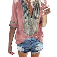 Amlaiworld Women Plus Size Blouse Top Fashion Ladies Deep V-Neck Print Half Sleeve Loose Tops Blouse T-Shirt Tee Tops Pink