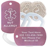 Custom 2 Pack - Nut Allergy Medical Alert ID Necklaces with Pink Custom Tags, White Silencers, and 30'' USA Chains