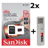 2 Pack - SanDisk Ultra 128GB UHS-I Class 10 MicroSDXC Memory Card Up to 80mb/s SDSQUNC-128G with Adapter LOT of 2 and USB 2.0 MemoryMarket Dual Slot MicroSD & SD Memory Card Reader