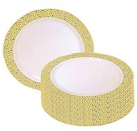 Christmas 10 Inch Plastic Plates Trimmed With Gold Lace. Pack Of 40 Elegant Disposable China Like Dinnerware. 10" Ivory and Gold Lace Dinner Plates.