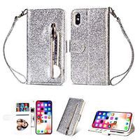 iPhone X Wallet Case iPhone Xs Case Cash with Card Holder Slot Pu Leather Zipper Wallet Case Cover Handbag for Apple iPhone (Glitter Silver, X/Xs 5.8 inch)
