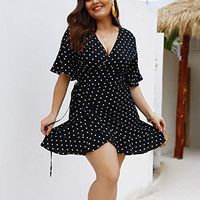 JQjian Womens Fashion Short Sleeve V-Neck Polka Dot Wrap Loose Mini Dress Summer Holiday Dress (2XL, Black)