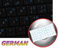 German Keyboard Decals ON Transparent Background with Blue, Orange, RED, White OR Yellow Lettering (14X14) (Blue)