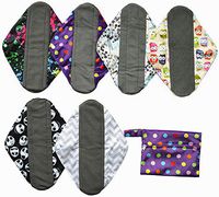 7 Pieces Set 1 of Mini Wet Bag + 6 of 12 Inch Heavy Flow Charcoal Bamboo Mama Cloth/ Menstrual Pads/ Reusable Sanitary Pads