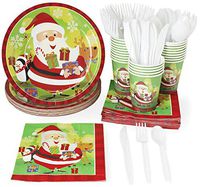 Christmas Party Supplies – Serves 24 – Includes Plates, Knives, Spoons, Forks, Cups and Napkins. Perfect Xmas Party Pack for Santa Christmas Themed Parties.