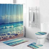 Naiflowers 4 Piece Non-Slip Bathroom Toilet Rug Mats pad & Rug Contour& Shower Curtain with Hooks & Lid Cover, Entryway Kitchen Washable Bath Shower Curtain Carpet, Beach Sea Style
